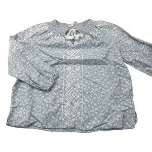 Joie Women's Large Blouse Linen Blend Boho Light Blue Floral 3/4 Sleeves